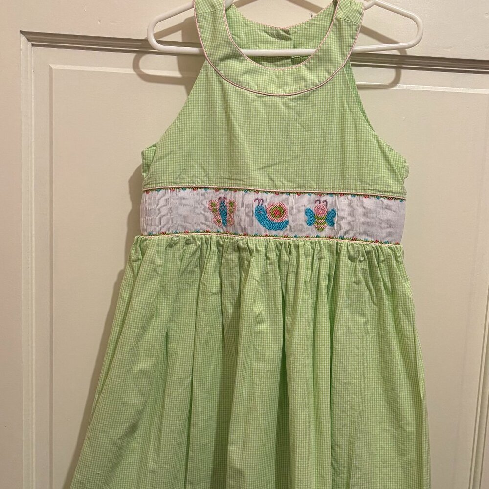 Girls smocked green gingham bug dress, size 6
